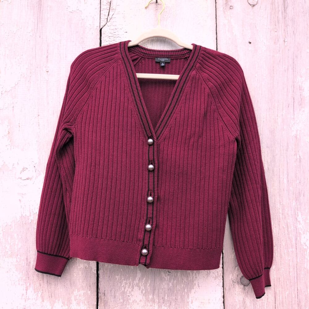 Talbots Ribbed Knit Twee Coquette PearlButton Cardigan Sweater Women's S Petite